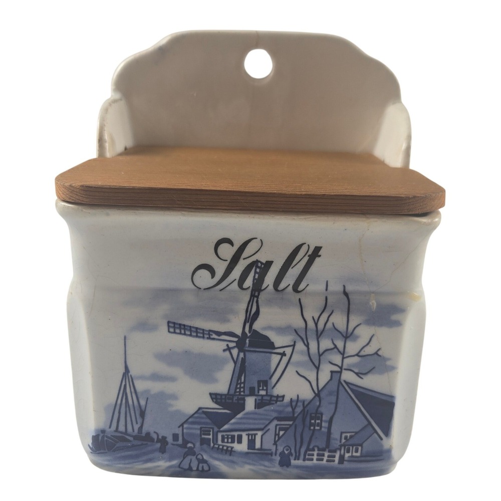 Vintage Delft Blue Holland Wall Mount Salt Box Ceramic Wood Lid Windmill Decor